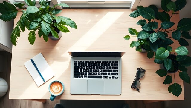 Minimalist Workspace with Laptop, Indoor Plants and Coffee &ndash; Flat Lay Home Office Setup
