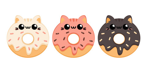 Zestaw trzech uroczych kotów-pączków w różnych smakach - słodka kreskówkowa ilustracja wektorowa w stylu kawaii © Monika