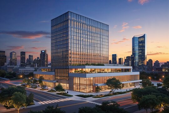 Modern Corporate Headquarters at Dusk with Urban Skyline and Cutting Edge Design