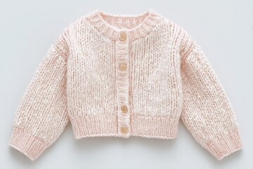Obraz premium This cozy pink cardigan features a textured knit pattern and large buttons. Ideal for young ones to wear during fall and winter outings, it provides warmth and comfort.