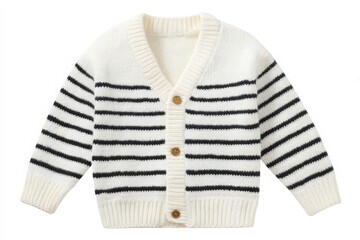 This cozy cardigan features a striped pattern with black and white colors. It has a v-neck design and button closure, perfect for layering during cool seasons or casual outings.