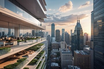 Obraz premium Artistic Layers of Office Architecture and Dramatic Highrise Skylines in Urban Landscape