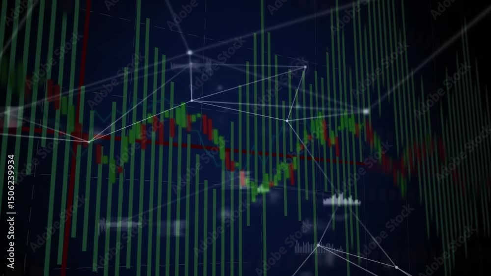 Poster opening interface displaying candlestick chart network lines linking peaks and highlighting trends