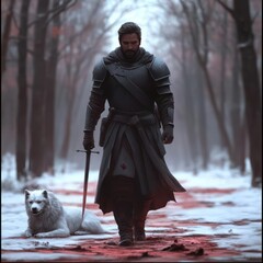 Knight and White Wolf Walking in a Bleak Winter Forest