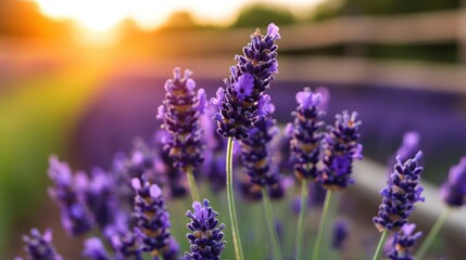 Obraz premium Lavender field at sunset, close-up view.