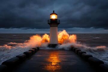 Lighthouse at Stormy Sea with Crashing Waves at Dusk