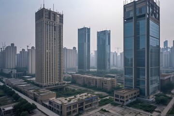 Fototapeta premium Abandoned Business Complexes and Skyscrapers in Qingdao Economic Zone