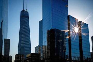 Urban Innovations in Skyscraper Design and Modern Office Spaces with Glass Reflections and Sunlight Patterns