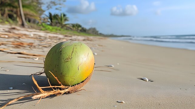 Tropical Beach Coconut Scene,  Green Coconut on Sandy Shore