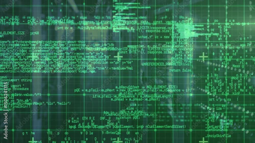 Poster green grid appearing over blurred hall, code scrolling upward, fragmenting illustrating data flow
