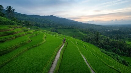 Lush Green Rice Terraces in Tropical Landscape at Sunrise