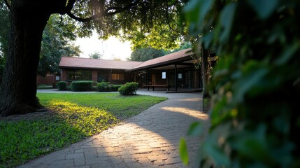 Lush Greenery Surrounding a Peaceful Building on a Sunny Day