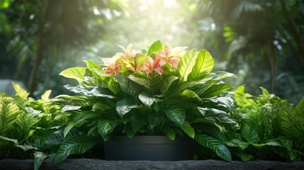 Lush tropical plant with flowers in a garden setting