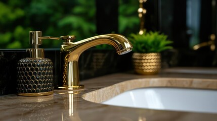 Luxurious Bathroom Sink with Gold Faucet and Soap Dispenser