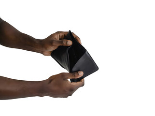 A Black male holding an empty wallet, symbolizing financial struggles and reality.