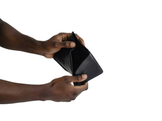 A Black male holding an empty wallet, symbolizing financial struggles and reality.