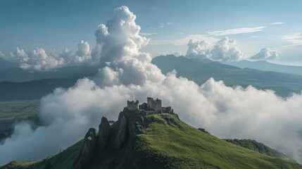 Majestic Castle Ruins on a Mountain Peak Surrounded by Clouds