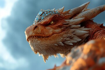 Majestic dragon with a jeweled crown looks to the horizon.