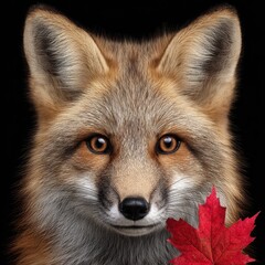 Fototapeta premium Red Fox Portrait with Maple Leaf on Black Background