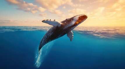Majestic Humpback Whale Breaching Ocean Surface at Sunset
