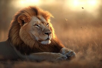 Majestic Lion Resting at Sunset with Flies