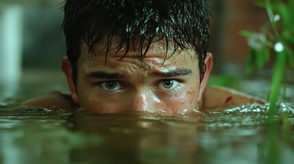 Man Emerging from Water with Scars