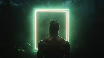 Man standing before a glowing portal in a dark forest.