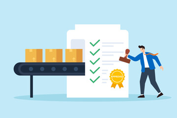 Flat illustration of quality control manager stamping approval badge on checklist while products move through conveyor belt