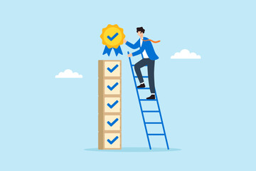 Flat illustration of quality control manager climbing ladder of checkmarks to place compliance badge on certified product stack © VZ_Art