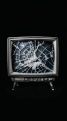 Old Damaged Television on Black Background