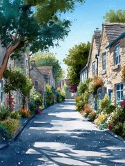 Obraz premium A peaceful village street features charming stone cottages adorned with vibrant flowers.