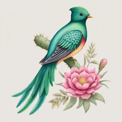 Obraz premium Resplendent Quetzal with Pink Flower and Cactus Illustration