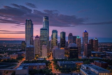 Obraz premium Twilight Skyline of Modern Buildings in Urban Downtown City Landscape