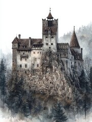 Obraz premium A majestic castle stands atop a rocky cliff, surrounded by tall trees.