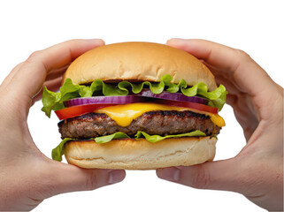 Close-up of a person s hands holding a juicy hamburger with fresh toppings.