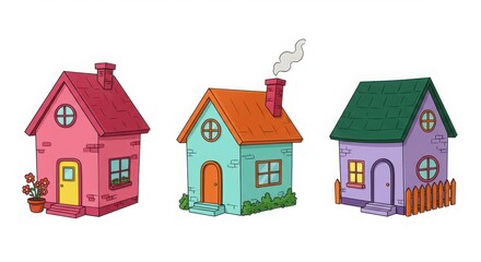 Three cute cartoon houses illustration isolated on white background