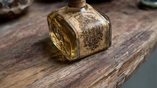 Antique glass bottle with yellow liquid and decorative label on rustic wood surface, vintage apothecary still life