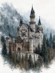 Obraz premium A stunning castle sits atop a rocky cliff, with intricately designed towers and turrets. It is enveloped in mist and surrounded by lush evergreen forests, creating a fairytale-like atmosphere.
