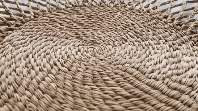 Abstract woven mat with intricate spiral pattern and fringed border for rustic home decor and handcrafted textile design