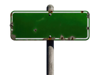 Weathered green blank street sign on a wooden post.