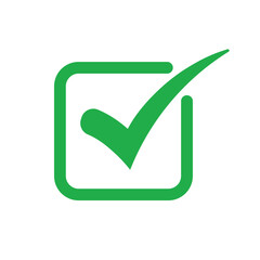 Bold green checkmark icon centered in a square on white. Minimalist, clean design symbolizing success, completion, or approval. Bright, uniform lighting. Flat vector illustration for digital use. © bibin