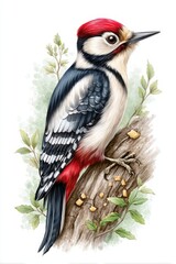 Vibrant Woodpecker Illustration on Tree Branch