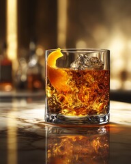 Luxurious Gold-Trimmed Old Fashioned Cocktail with Orange Peel and Ice on Marble Bar - 4K Photorealistic Drink for Mixology, Hospitality, and Premium Beverage Advertising