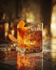 Luxurious Gold-Trimmed Old Fashioned Cocktail with Orange Peel and Ice on Marble Bar - 4K Photorealistic Drink for Mixology, Hospitality, and Premium Beverage Advertising