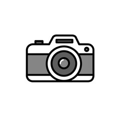 Camera icon in minimalist flat design with black outlines and gray details  