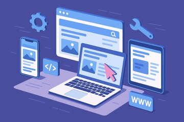 Isometric Web Design Concept Website Development Across Platforms Laptop Phone Tablet Optimization Layout Responsive Internet Page Creation AI Generated Tech Visual
