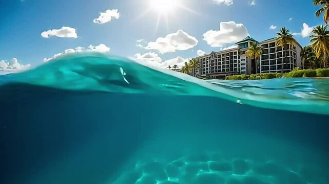 Split view of clear ocean wave and modern beachfront resort