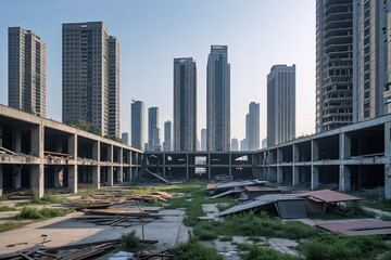 Obraz premium Exploring Abandoned Offices and Skyscraper Developments in Qingdao Business District