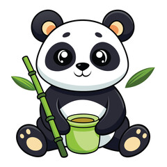 A cute baby panda sits holding a bamboo stalk and a pot filled with bamboo shoots with white background