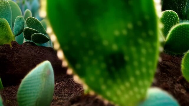 Vibrant cluster of green prickly pear cactus pads with small yellow spines, lush desert succulent plants in a botanical garden.